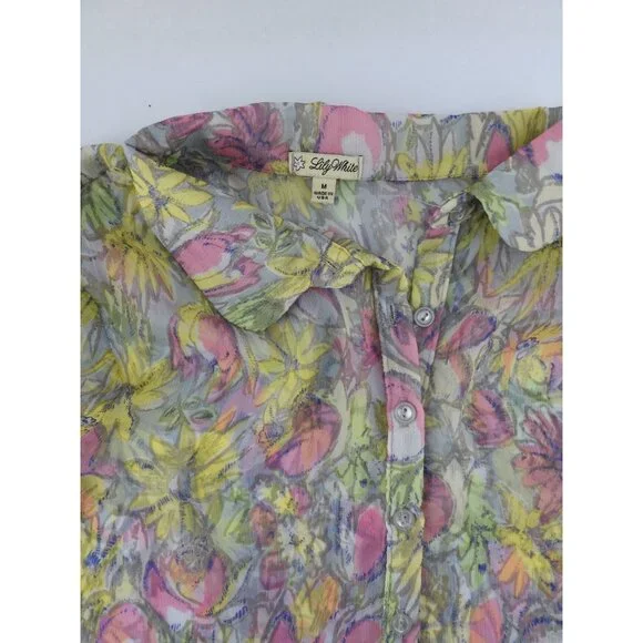 Vintage Lily White Floral Sheer Peplum Blouse Medium Made In USA Romantic - Picture 5 of 8